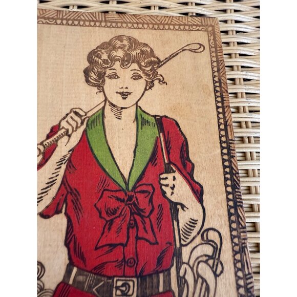 Antique 20's Pyrography Flemish Art Lady Golfer Handkerchief/Gloves Wood Box - Picture 7 of 12
